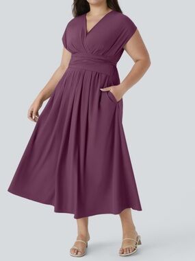 Halara V Neck Short Sleeve Midi Dress with Pockets Tie Back – Purple Size 1X NWT